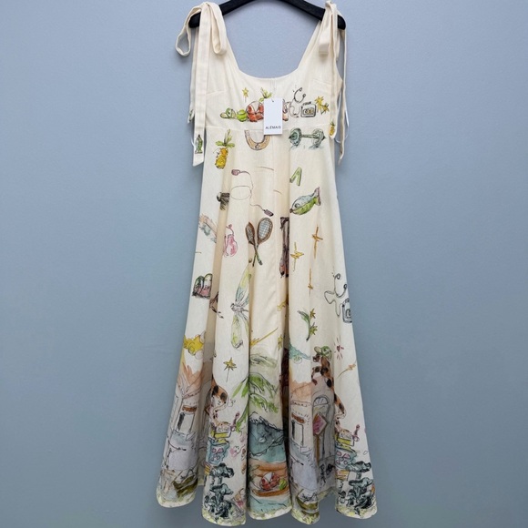 Alemais Dresses & Skirts - Alemais Cream Midi Dress with Multicolor Illustration Print